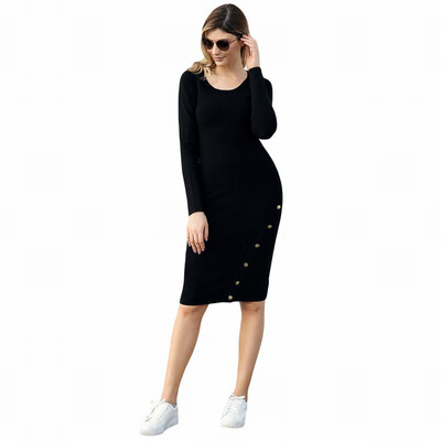 

Round neck long sleeve button decorated long knit sweater skirt