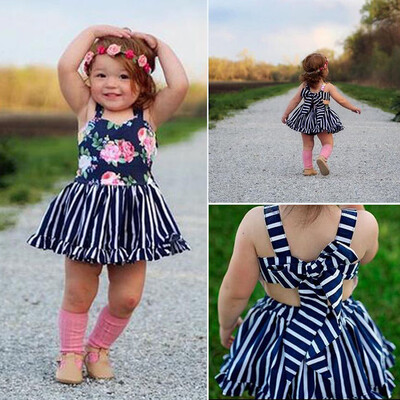 

Toddler Kid Baby Girl Floral Striped Printed Sleeveless Princess Dress Clothes