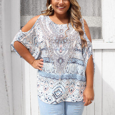 

Starmoon Womens Casual O-Neck Retro Print Off-Shoulder Half Sleeve T-Shirt Top