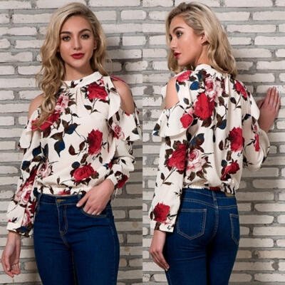 

Women Chiffon Floral Tops Long Sleeve Off Shoulder T-Shirt Blouse Shirt Tee Tops