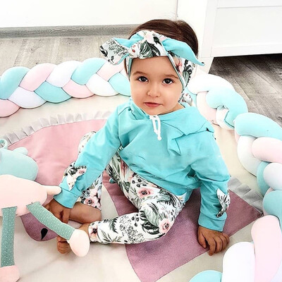 

Cute Baby Girl Clothes Set Winter Long Sleeve Cotton Rabbit ears Hoodie Tops Floral Pant Headband Newborn Toddler Clothing
