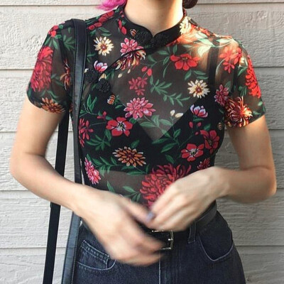 

Nomeni FFashion Women Perspective Sexy Floral Print Stand Collar Short Tops