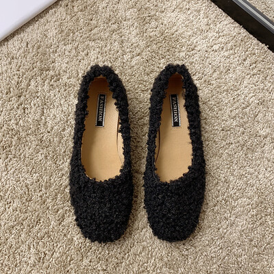 

Hairy shoes women wear autumn pedal bean shoes square head shallow flat bottom single shoe woman wearing autumn pedal beans shoes