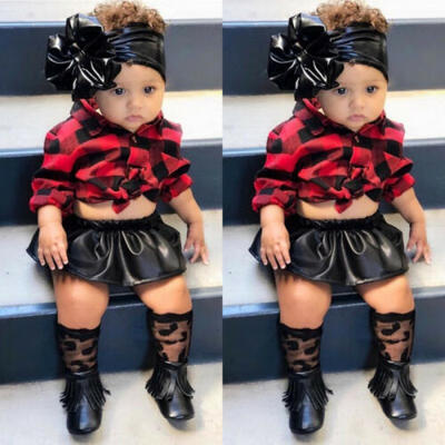 

Toddler Kids Baby Girl Xmas Outfit Clothes T-shirt TopsLeather Skirt Romper Set