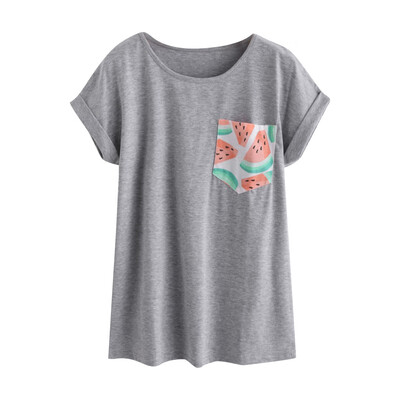 

Nomeni Fashion Women Summer O-Neck Short Sleeve Watermelon Print Pocket Top T-Shirt