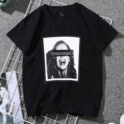 

Womens Korean Style Round Neck Weird Head Portrait Print Short Sleeve Pullover T-Shirt