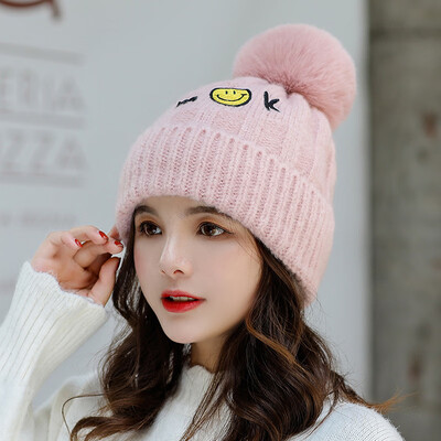 

Korean Autumn&Winter Wool Hat Outdoor Furring Thickening Heating Cap Letter Woman Ear Protector Ball Knitted Headgear