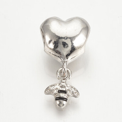 

Alloy Enamel European Dangle Beads Large Hole Pendants Heart with Bees Platinum 21mm Hole 4mm Bees 9x75mm