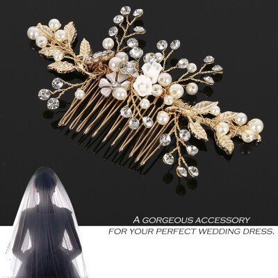 

Bridal Wedding Hair Accessories Golden Leaves Crystal Rhinestone Pearls Hair Comb Clip