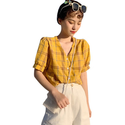 

Women Blouse Plaid Print Blouse Tops V-Neck Button Up Tops Short Sleeve Shirt preppy style Summer Womens Fashion Fresh Style