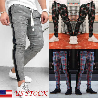 

USA Gym Mens Trousers Plaid Tracksuit Bottoms Skinny Joggers Sweat Track Pants