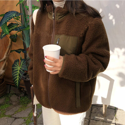 

Roseonmyhand Women Outwear Stand Collar Patchwork Double Faced Coat Plush Jacket Overcoat