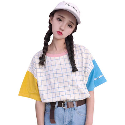 

Cute Korean Plaid Women T-shirt Girls Loose Splicing Color O-Neck Tops