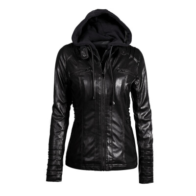 

Womens Faux Leather Hooded Jacket Zippered Hoodie Short Slim Motorcycle Jacket Coat