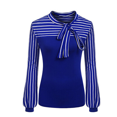 

Roseonmyhand Women Tie-Bow Neck Striped Long Sleeve Splicing Shirt Blouse