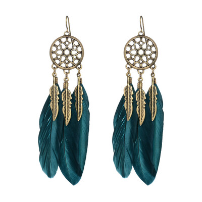 

Fashionable Blue Feather Leaf Mesh Bronze Color Earrings