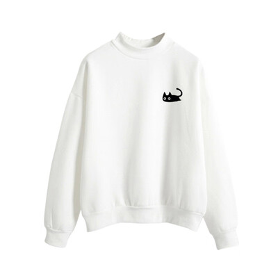 

Autumn Casual Harajuku Kawaii Black Cat Sweatshirts Cosy Women Long Sleeve Turtleneck Tops Pullover Funny Cartoon