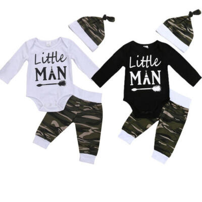 

Newborn Baby Boys Cotton Little MAN Tops Romper Camo Pants 3pcs Outfits Clothes
