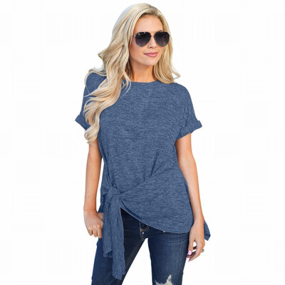 

Womens waist T-shirt round neck short sleeve knotted smock