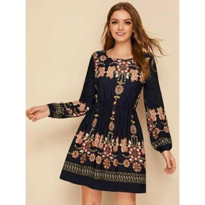 

2019 Fashion Women Boho Long Sleeve Floral Dress Evening Cocktail Party Casual Mini Dress