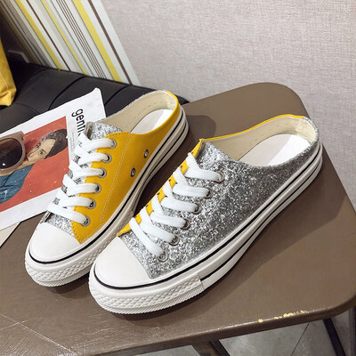 

Sequin Baotou half slippers women wear 2019 spring new heel-less loafers fashion flat canvas sandals
