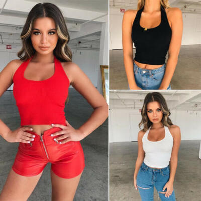 

UK Women Ladies Casual Halter Tank Tops Vest Blouse Sleeveless Crop Tops Shirt