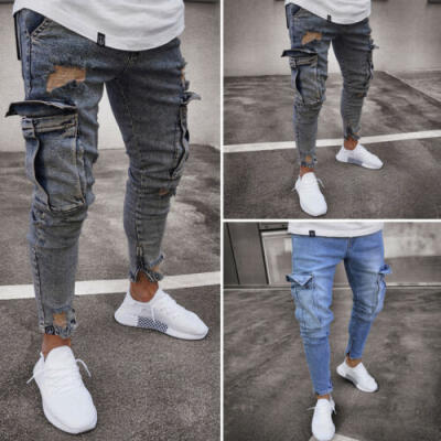 

AU Mens Ripped Skinny Biker Jeans Destroyed Frayed Slim Fit Denim Pant Trousers