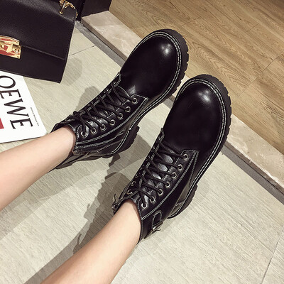 

Beautiful Martin Boots British Wind Autumn Buckle Side Zipper Locomotive Boots Tie Shoes with Round Head