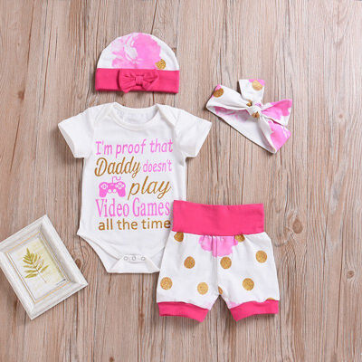 

Kids Clothes Letter Printed Short Sleeve Tops head band bow-knot cap Shorts Clothing four Psc Set Outfits