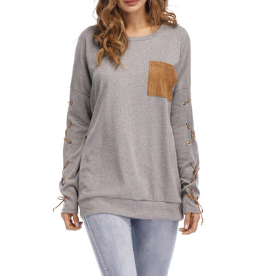 

Tailored Women O-Neck Long Sleeves Hand Cuff Strap Pocket Blouse With Head Sweatshirt