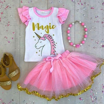 

Princess Kids Baby Girl Cartoon Unicorn Top T-shirt Lace Tutu Skirt Outfit Clothes Summer