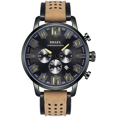 

SMAEL 9077 Fashion Quartz Watch Casual Waterproof Wristwatch With Leather Strap Male Calendar Watches