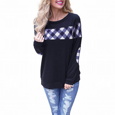 

Square stitching pullover top spring round collar long sleeve casual sweatshirt