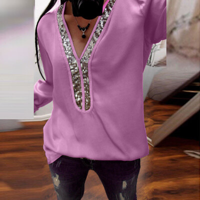 

Roseonmyhand Fashion Womens Casual Sequins Long Sleeve V-Neck T-Shirt Solid Blouse Loose Tops