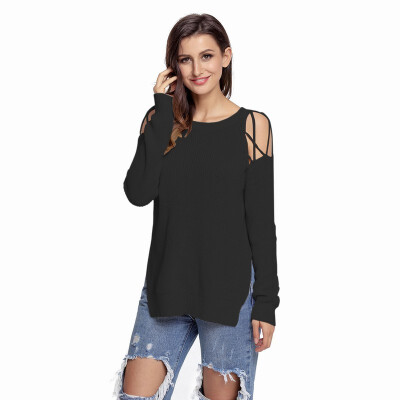 

Round neck long sleeve off-the-shoulder casual knit sweater