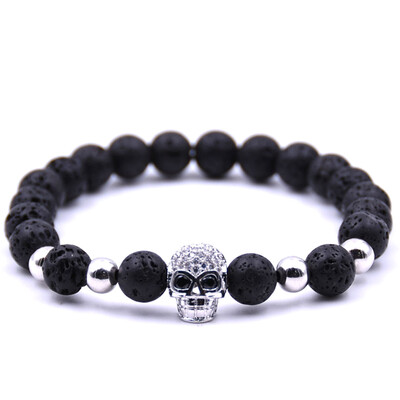 

8 mm Natural Stone Volcanic Stone Bracelet Copper Beads Micro Inlay Zircon Skull Bracelet Unisex Pair Jewellery Hot Gift
