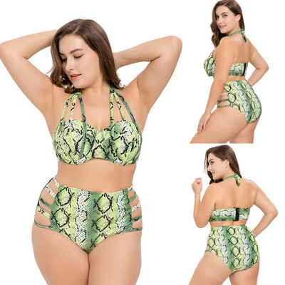

Roseonmyhand Women Plus Size Sexy Hollow Hanging Neck Snake Print Bikini Split Swimsuit