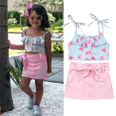 

Toddler Kids Baby Girls Outfits Floral Clothes Crop Tops VestTutu Dress Sets