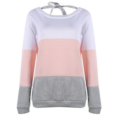 

Autumn Women Sweatshirt Long Sleeve Patchwork Back V Collar Lace up Tops