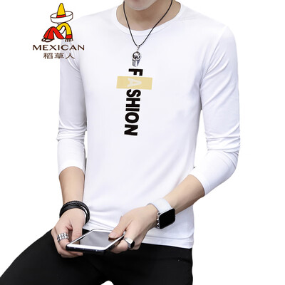 

Scarecrow MEXICAN long-sleeved T-shirt male Korean version of the round neck printing Slim fashion type trend casual personality autumn clothing wild t-shirt bottoming shirt clothes mens white M