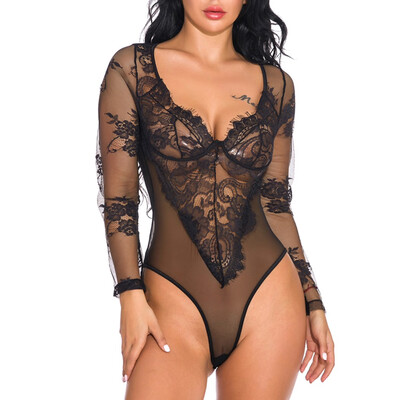 

Toponeto One Piece Women Sexy Lace Teddy Lingerie Jumpsuit Long Sleeve Bodysuit Sleepwear