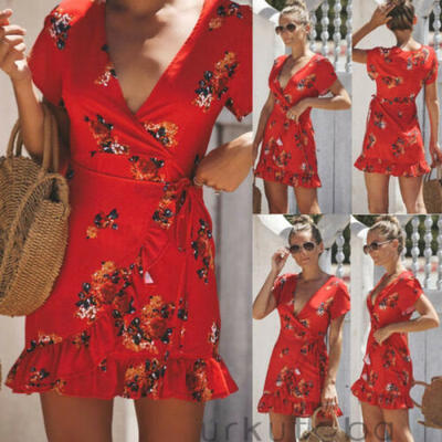 

Women Short Sleeve Floral Wrap Dresses Ladies Deep V-neck Ruffles Mini Red Dress
