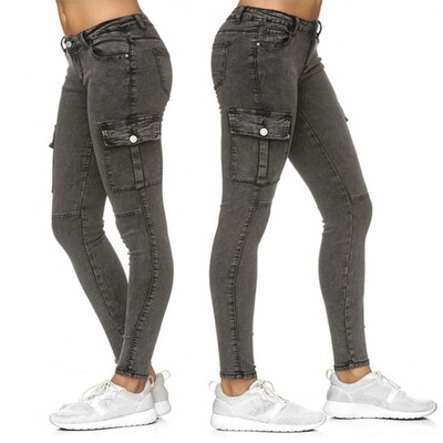 

Gobestart Womens High Waist Solid Jeans Button Side stand Pockets Trouser Pencil Pants