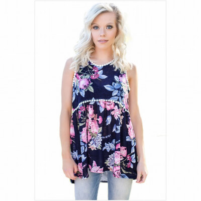 

Multi-color optional round neck sleeveless floral print hem top