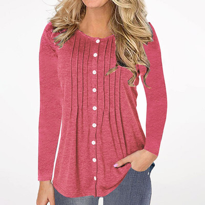 

Autumn Winter Fashion Casual Women Cotton O-neck Long sleeve Button-down T-shirt