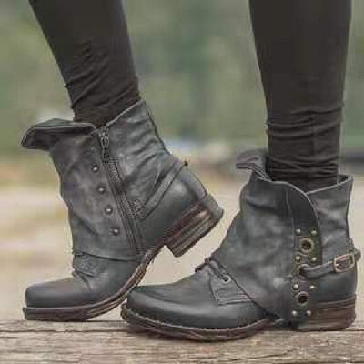

2019 autumn&winter new European&American large size womens boots with low heel boots womens belt buckle retro Martin boo