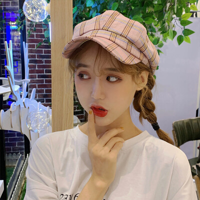 

New Chequered Beret Female British Literature&Art Retro Octagonal Cap Duck Tongue Cap in Spring&Summer of 2019