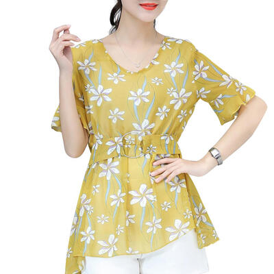 

Fashion Irregular Hem Women T-Shirt Short Sleeve Floral Chiffon TopsBelt