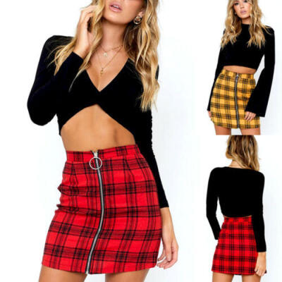 

Women High Waist Mini Skirt Plaid Skirts Girls Casual Zipper A-Line Short Dress