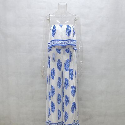 

Sexy Women Two-piece Set Strapless Crop Top Wide Leg Pants Floral Striped Print Split Beach Boho Suits Outfits WhiteRedBlue
